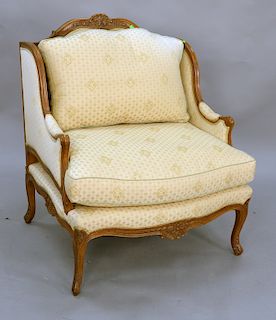 Louis XVI style beechwood upholstered marquise, slight sun fading. ht. 39 in., wd. 34 in., dp. 28 1/2 in.