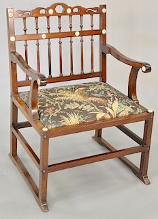 George III mahogany open armchair, Yorkshire, circa 1770, pierced shaped crestrail above upright spindles.