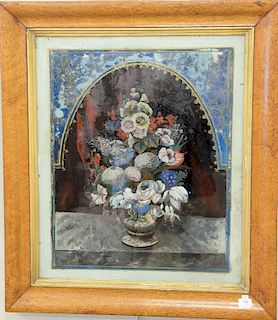 Reverse painting on glass of a urn with flowers in a birds eye maple frame, 31 1/2" x 26".
