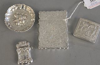 Four piece silver group to include Victorian silver card case, case scalloped and rectangular; a Turkish box; a nut dish and a Vesta...