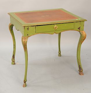 Louis XV square green painted bureau plat, 18th/19th century gilt tooled brown leather writing surface, apron fitted with a single d...