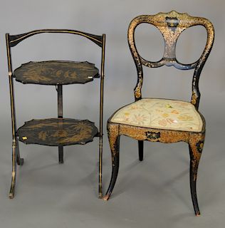 Victorian black gilt and polychrome decorated papier mache chair, 19th century, along with small chinoiserie decorated gold two tier...