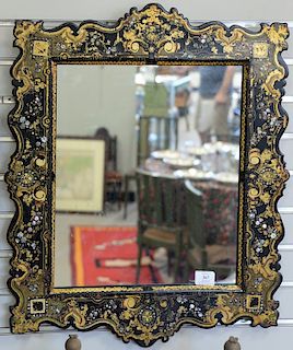 Victorian mother of pearl inlaid papier mache mirror with scallop sided rectangular frame, 19th century, 27" x 22 1/2".