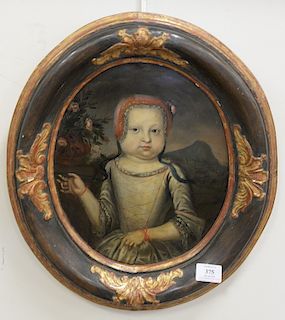 Oil on copper, oval portrait of young girl with vase of flowers and landscape background, unsigned, 17th or 18th century. 13" x 11".