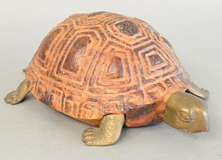 Carved figure of a turtle, brass mounted feet, head and tail. lg. 12 in.