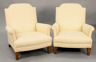 Pair of custom upholstered arm chairs, probably French, late 20th century, excellent condition, silk mixed upholstery. ht. 37 in., w...