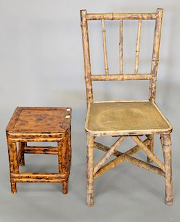 Two piece group to include victorian spotted bamboo child's stool along with bamboo childs chair. ht. 20 in., childs stool ht. 11 in.