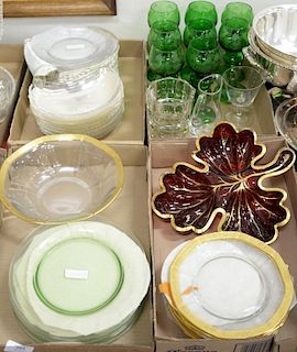 Four tray lots with hand blown glass to include set of eight green etched glass venetian stems, Berry dessert set of plates and bowl...