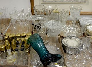 Six tray lots of glass and crystal to include Baccarat stems, Waterford, pressed glass vases, decanters, etc.