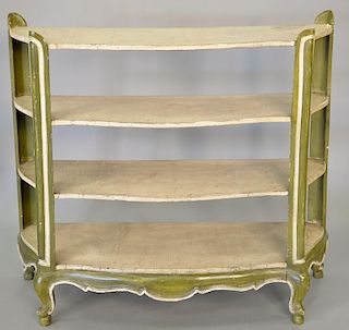 Louis XV style dwarf open bookcase, green and cream painted, 20th century, three shaped shelves. ht. 32 in., wd. 36 in., dp. 12 in.