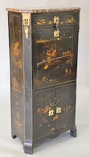 French chinoiserie decorated Abattant having marble top over drop front desk opening to satin wood interior, oriental figures and la...