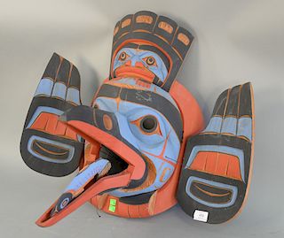 Large painted decorated mask with moveable mouth and wings. 24" x 28"