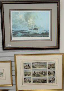 Group of seven framed prints and lithographs to include John Stobart "Gatherer Before the Wind" pencil signed Stobart # 126/750; Mon...
