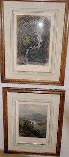 Set of three colored etching William Pate New York "Upper Ausable Lake", after Smillie; "Haines Falls, Catskill Mountains" after Mom...