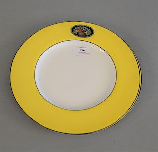 Set of twelve royal worcester yellow ground plates, circa 1916, puce crowned mark, date cypher of a (star) for 1916, wide yellow bor...
