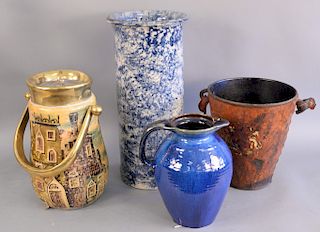 Four piece group to include blue sponge decorated umbrella stand, large blue glazed jug, painted thermos container with brass handle...