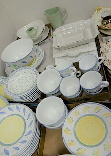 Group of Williams Sonoma Italian dinner set, plates, bowls, cups, Arenito serving trays, sophie conran serving bowls and pitcher.