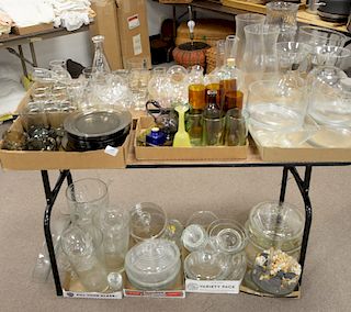 Twelve box lots to include glass, vases, cups, stemps, serving dishes, arcoroc plates, cut bottles and stem cups.