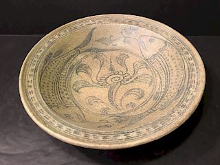 ANTIQUE Thai  Sawankhalok Double Fish and Flower BOWL, 10 1/2", 14th-15th century