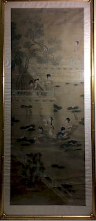 OLD Large Chinese watercolor painting with figurines. 19th century