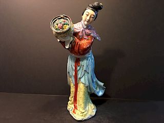OLD Larege Chinese Figurine Mairen with flowers. Marked "Cai Fu Ji Zao". Republic period