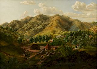 VÍCTOR PATRICIO LANDALUZE (Spanish/Cuban 1828-1889) A PAINTING, "Valley Plantation with Horse Stables,"