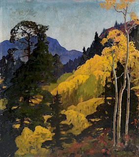 CARL REDIN (American 1892-1944) A PAINTING, "Yellow Birch in Mountainous Landscape,"