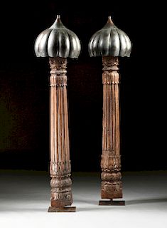 A PAIR OF INDO ISLAMIC CARVED WOOD COLUMNAR FLOOR LAMPS, 19TH CENTURY,
