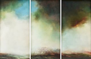 attributed to PAULINE ZIEGEN (American 20th/21st Century) A TRIPTYCH PAINTING, "Mountain Range under Ethereal Sky,"