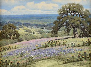 RANDY PEYTON (American b. 1958) A PAINTING, "Flowering Cacti, Bluebonnets and Indian Paintbrushes in Landscape," 2014,