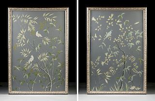 A PAIR OF CHINESE STYLE GOUACHE AND WATERCOLOR ON SILK WALL PANELS, BY CHELSEA HOUSE, GASTONIA, NORTH CAROLINA, MODERN,
