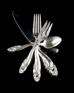 A SIXTY-FOUR PIECE STERLING SILVER FLATWARE SERVICE BY GORHAM, DECOR PATTERN, MARKED, MID 20TH CENTURY,