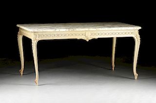 AN ELEGANT LOUIS XV/XVI TRANSITIONAL STYLE MARBLE TOPPED AND WHITE PAINTED TABLE MILIEU, BY MAISON KRIÉGER, LATE 19TH/EARLY 20TH CENTURY,