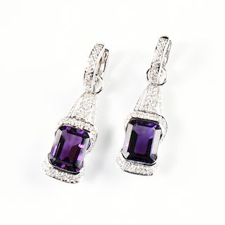 A PAIR OF 18K WHITE GOLD, AMETHYST, AND DIAMOND LADY'S EARRINGS,