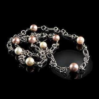 A STERLING SILVER AND MULTI-COLOR FRESH WATER PEARL LADY'S NECKLACE,