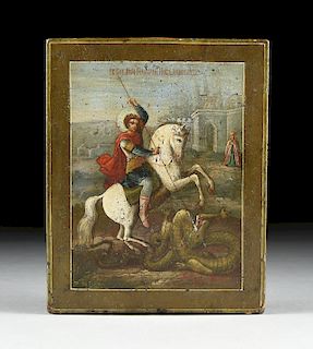 A RUSSIAN EASTERN ORTHODOX ICON OF ST. GEORGE SLAYING THE DRAGON, 19TH CENTURY,