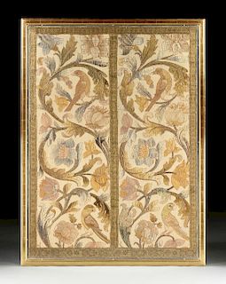 AN INDO PORTUGUESE POLYCHROME SILK EMBROIDERED LINEN PANEL, 18TH CENTURY,