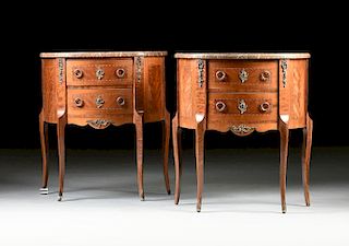 A PAIR OF TRANSITIONAL LOUIS XV/XVI STYLE INLAID MARBLE TOP END TABLES, 20TH CENTURY,