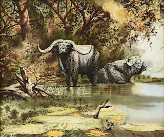 PAUL AUGUSTINUS (Danish/African b. 1952) A PAINTING, "Water Buffalo," 1980,