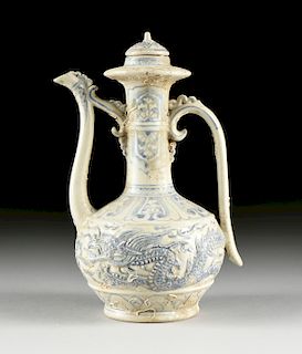 A FINE VIETNAMESE/ANNAMESE BLUE AND WHITE PAINTED AND CARVED CERAMIC LIDDED EWER, SHIPWRECK ARTIFACT, 15TH/16TH CENTURY,