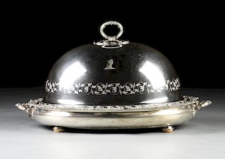 A VICTORIAN SHEFFIELD SILVERPLATED DOME MEAT COVER WITH TWO HANDLED WARMING TRAY, COVER BY SMITH, SISSONS & CO., 1850s,