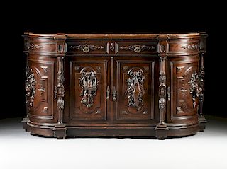 AN ITALIAN RENAISSANCE REVIVAL MARBLE TOPPED CARVED WALNUT SIDEBOARD, LATE 19TH CENTURY,