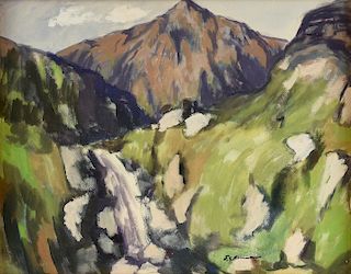 FRANK SIMON HERRMANN (AMERICAN 1866-1942) A PAINTING, "Mountain Waterfall,"
