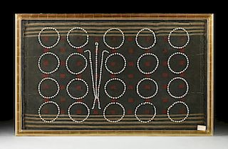 AN ANTIQUE NAGA COWRIE SHELL EMBROIDERED BLACK BROCADED COTTON SHAWL, NAGALAND, LATE 19TH CENTURY,