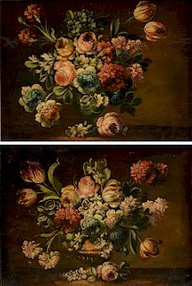 A PAIR OF ITALIAN SCHOOL OF PAINTINGS, "Flowering Lobed Urn," AND "Flowering Green Vase," EARLY/MID 20TH CENTURY,