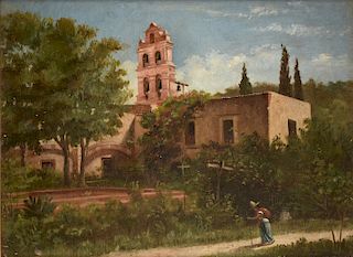 AN AMERICAN SCHOOL PAINTING, "Spanish Mission with Figure," 19TH CENTURY,