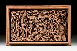 A SOUTH EAST ASIAN CARVED TEAK NARRATIVE PANEL, POSSIBLY BURMESE/THAI, 20TH CENTURY,