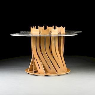 A CONTEMPORARY BRUSHED ALUMINUM AND BIRCH PLYWOOD OCCASIONAL TABLE, BY GREGG FLEISHMAN, SIGNED, MODERN,