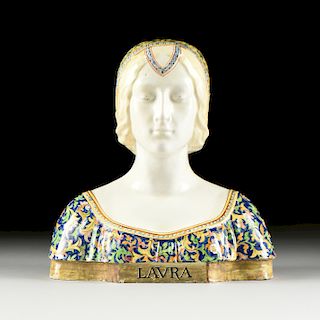 AN ITALIAN MAJOLICA BUST OF A RENAISSANCE MAIDEN, after ANGELO MINGHETTI (1822-1885), BOLOGNA, LATE 19TH/EARLY 20TH CENTURY,