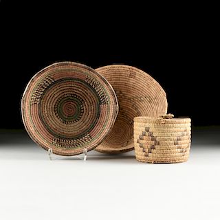 A GROUP OF THREE NATIVE AMERICAN COLORFUL WOVEN BASKETS, EARLY 20TH CENTURY,